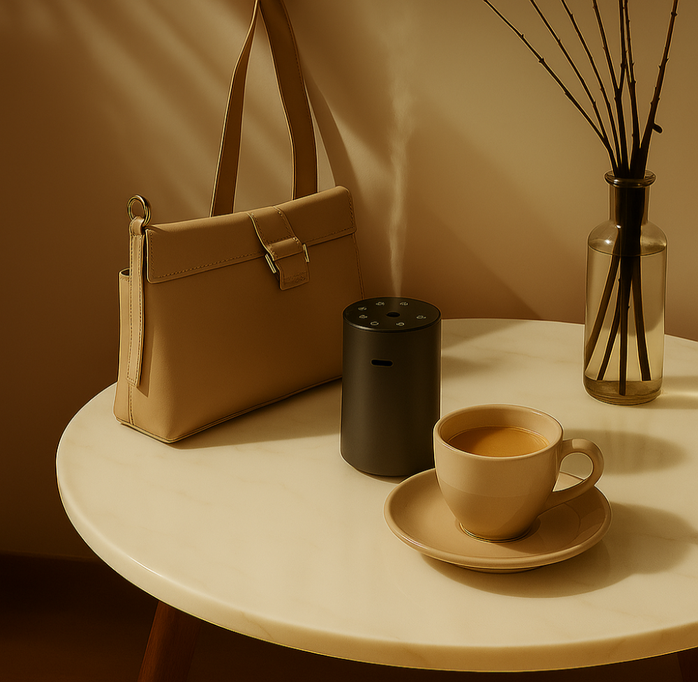 Beige handbag, black cylindrical container, and coffee cup on a beige table with a brown background