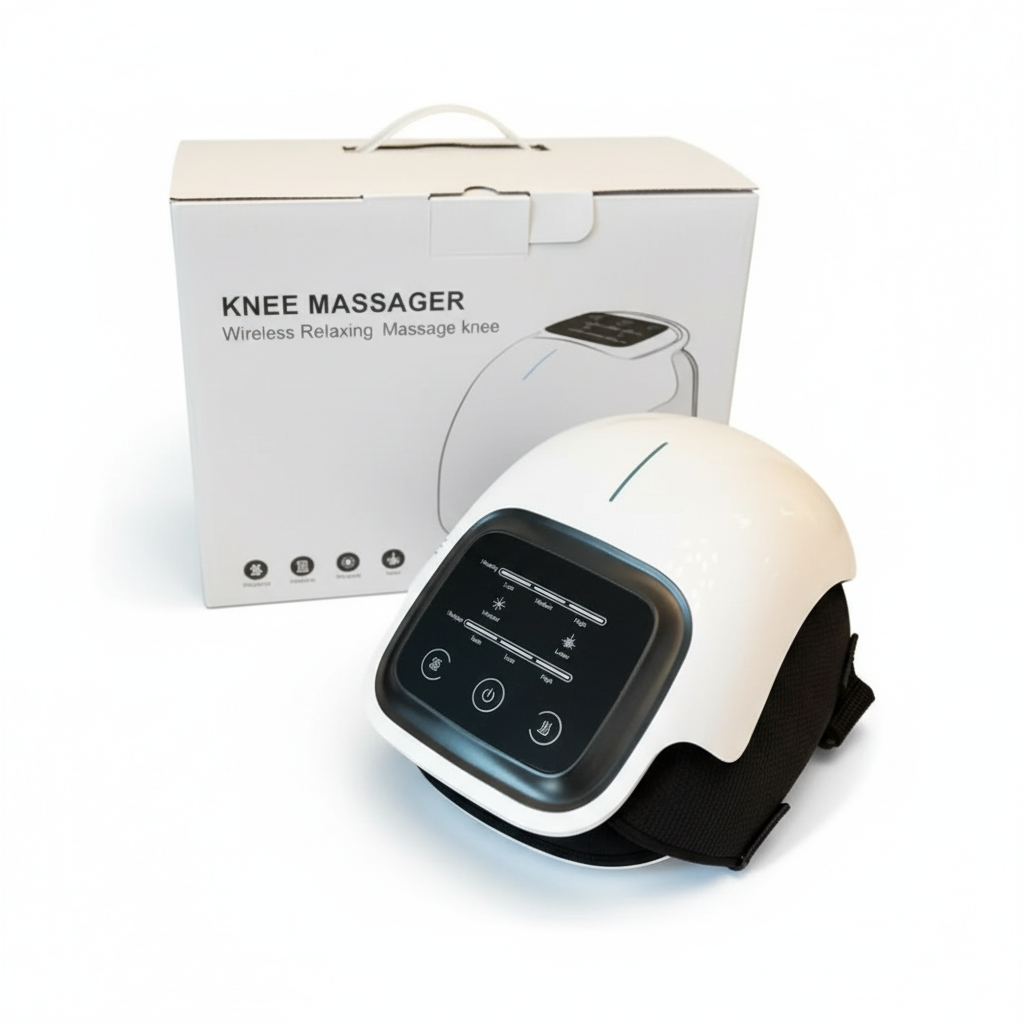 Knee massager with control panel and packaging on a white background
